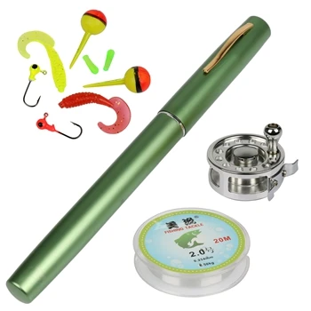 green Миниатюрная карманная катушка для ловли со льдом и удочкой, набор комбо из алюминиевого сплава, ручка, удочка для соленой воды, пресноводная, расширенная, 1,34 м - Цвет: green