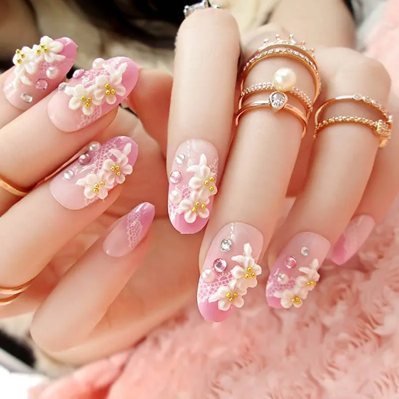 24 шт./компл. ногти с клеем 3D Резные Цветы Сияющие Свадебные невесты поддельный