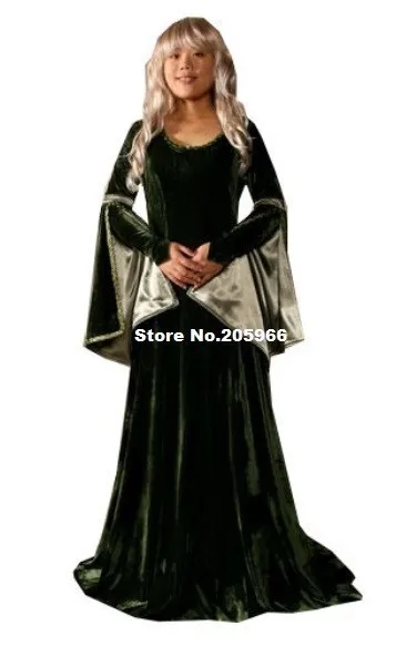 Темно-зеленая бархатная ткань дамы Делюкс качество средневековый костюм эпохи