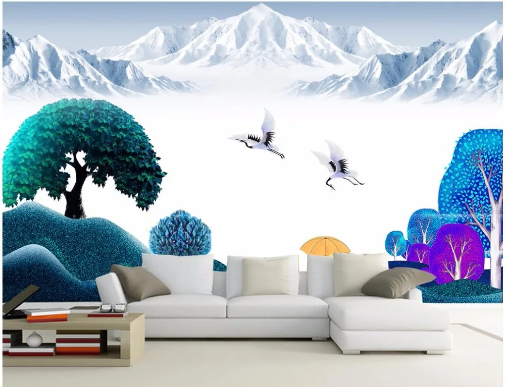 

3d wallpaper custom photo Cartoon snowy mountains and trees painting room wallpaper for walls 3d wall murals wallpaper