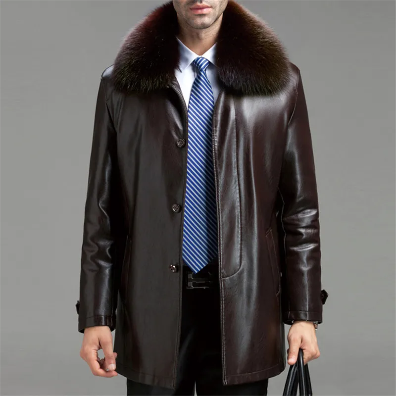 Мужская куртка из натурального меха лисы искусственной кожи средней длины со