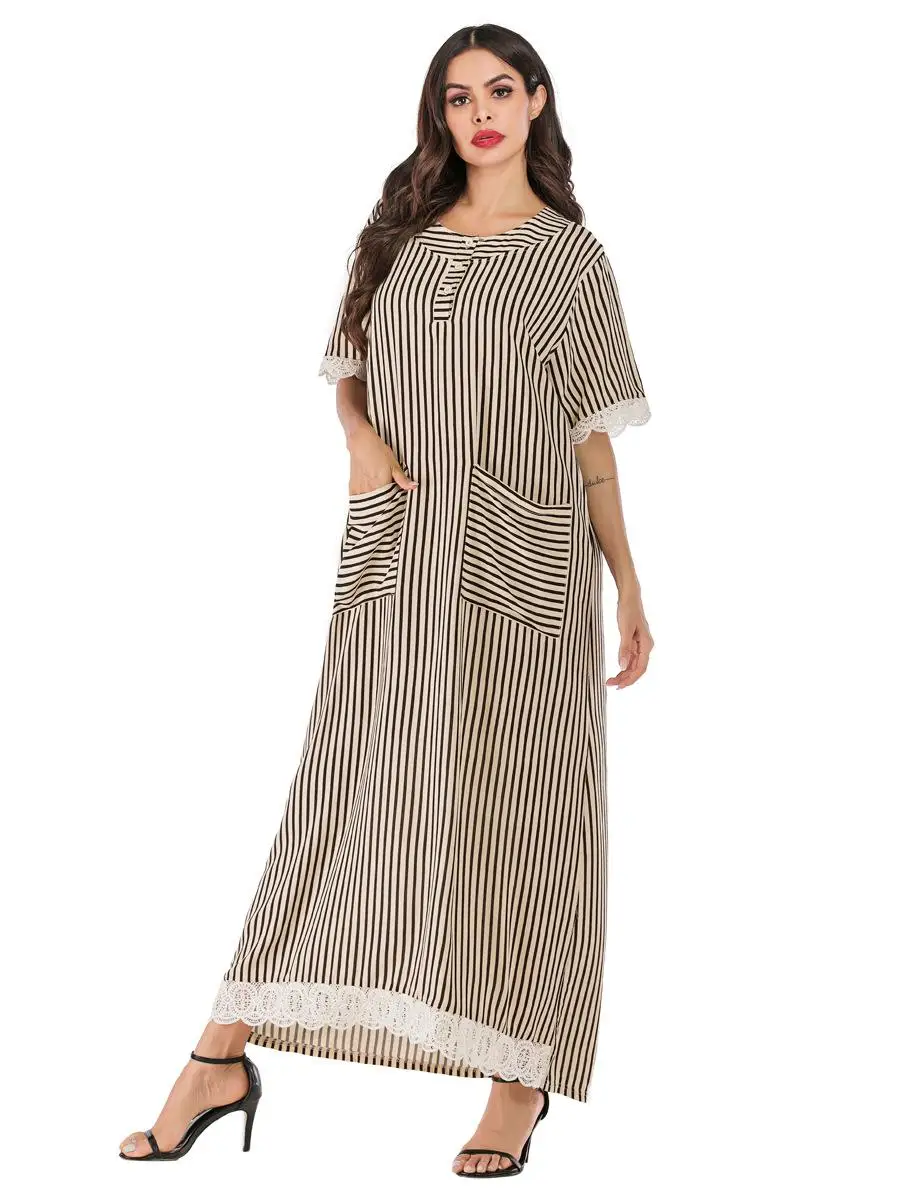 Платье женское длинное в полоску мусульманский халат макси с карманами абайя