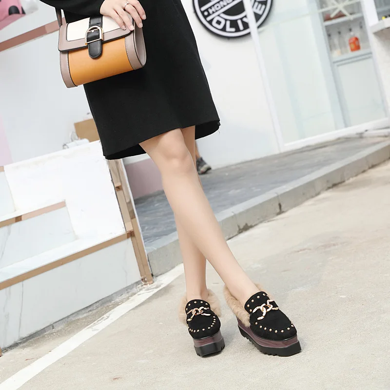 Настоящее обувь с кроличьей шерстью женские зимние пушистый мех броги