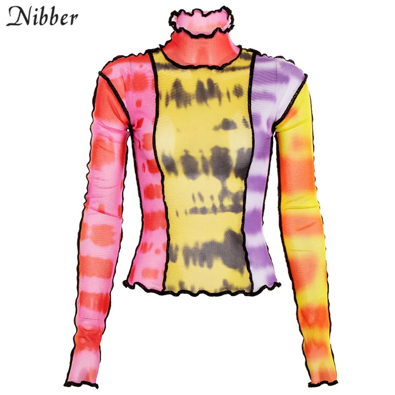 Многоцветный Nibber/модные сетчатые топы с разноцветным принтом и рюшами; Женские базовые T-shirts2019autumn; горячая распродажа; тонкие уличные повседневные футболки; mujer - Цвет: Многоцветный