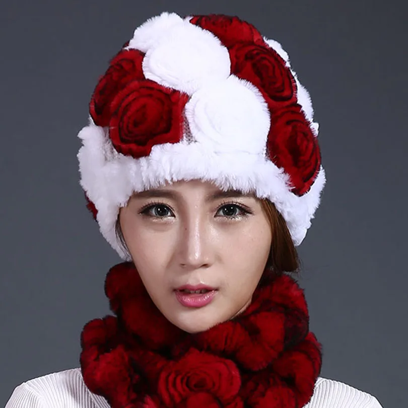 Женская вязаная шапка из натурального меха кролика Rex теплая цельного с