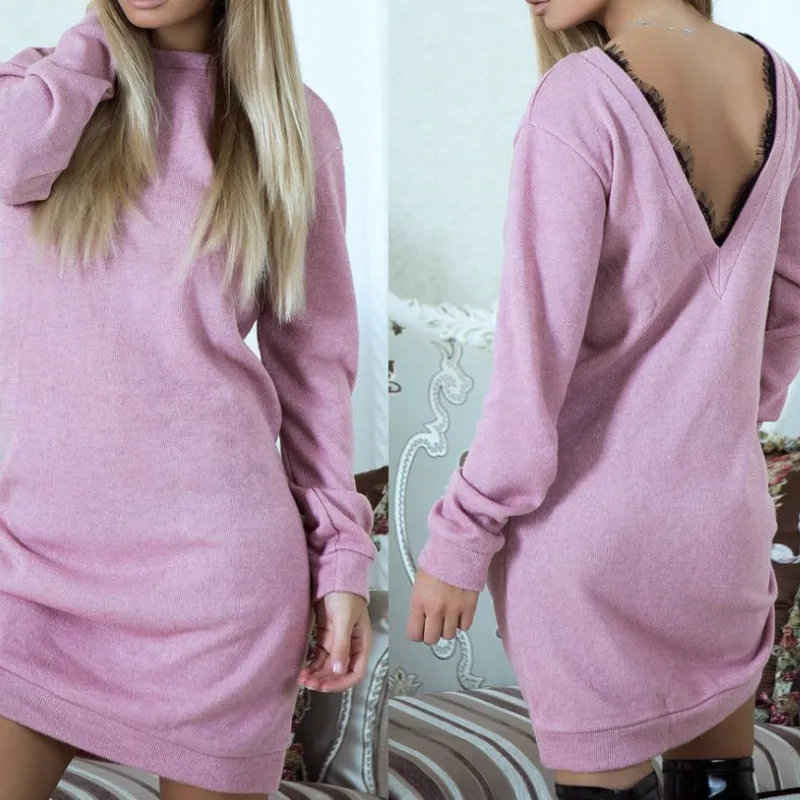 Для женщин платья 2018 с длинными рукавами назад v шеи коротким vestido осень весна