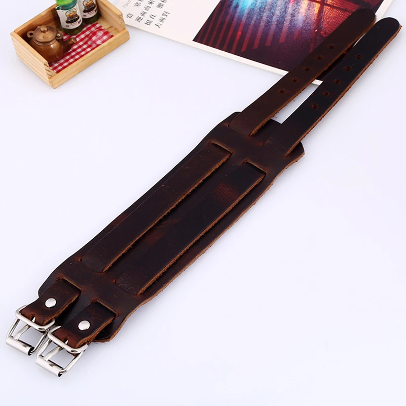 P01425Handmade Boho Gypsy Hippie Punk Brown Black Genuine Real Cow Leather Alloy Clasp Unisex 5Size Adjustable Wide Big Bracelet | Украшения