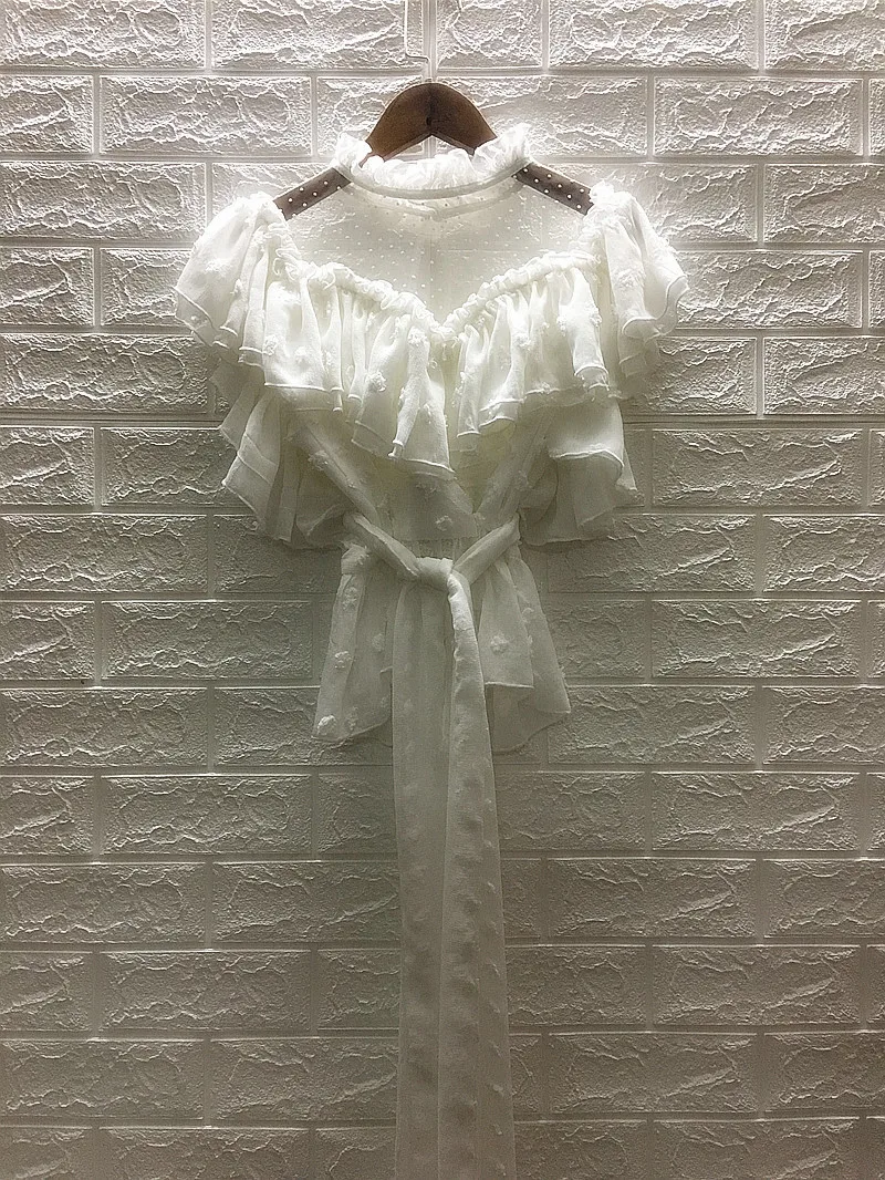 Женская кружевная блузка белая в горошек с оборками топ коротким рукавом новинка