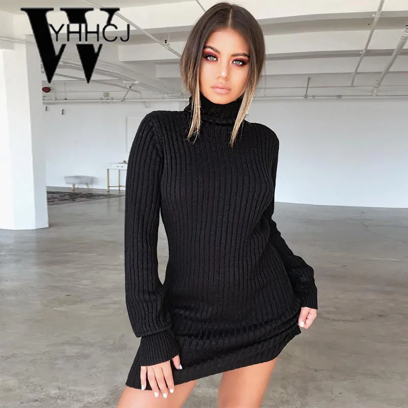 WYHHCJ vestidos водолазка Женское зимнее платье 2018 с длинным рукавом вязанное плотное