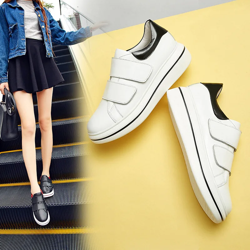 Платформа Кроссовки Женщины Hook &amp Loop Черный Белый Натуральная Кожа смешанный