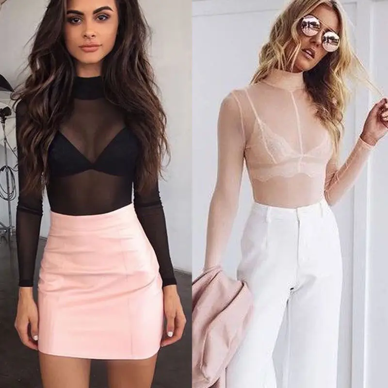 

Fashion Summer Fashion Women Blouse Sexy Women's Net Long Sleeve See Through Pure Top Semi Transparent Blouse
