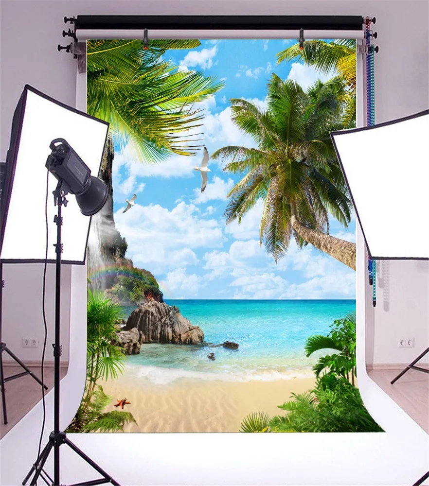 Фоны Laeacco для детской фотосъемки летние приморские пляжные пальмы дерево