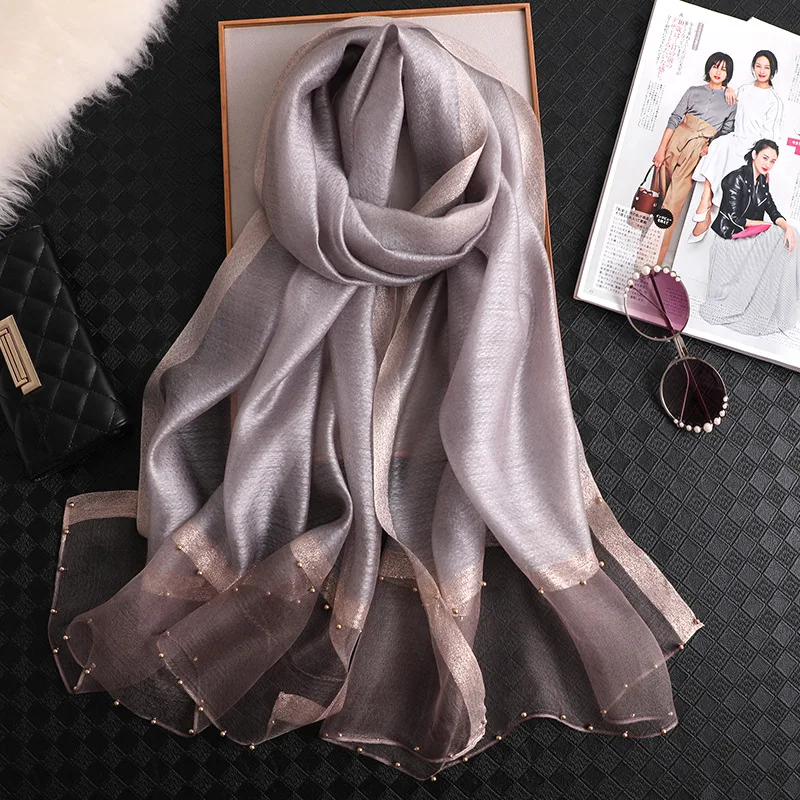 Gray gold silk Зимний хиджаб Новое поступление Одноцветный Женский Осенний шелковый шарф высокого качества осенние шарфы шаль палантин Бандана Платок Пашмина - Цвет: Gray gold silk
