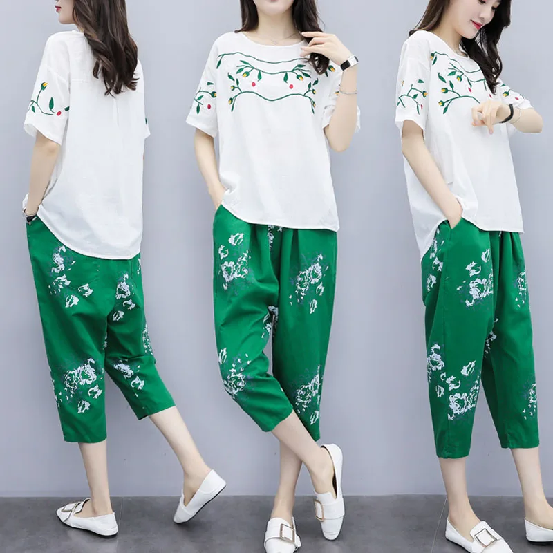 Женский комплект из 2 предметов топ и брюки хлопковый конопляной ткани Femme Deux Pieces