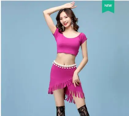 purple hot pink 2pcs Новое поступление женщин танец живота костюм 2 шт. Набор модальных танцевальная одежда с коротким рукавом шею шарф бедра короткая юбка - Цвет: purple hot pink 2pcs