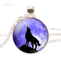 fashion cool full moon wolf necklace charm silver plate animal pendant vintage glass cabochon dome jewelry men women gift