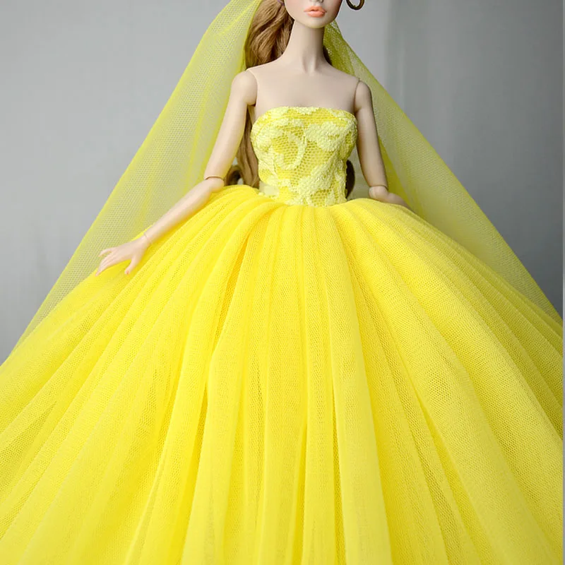 Yellow Fashion Doll Clothes For Barbie Dress High Quality Long Tail Evening Gown Wedding Dresses +Veil 1/6 Accessories | Игрушки и хобби