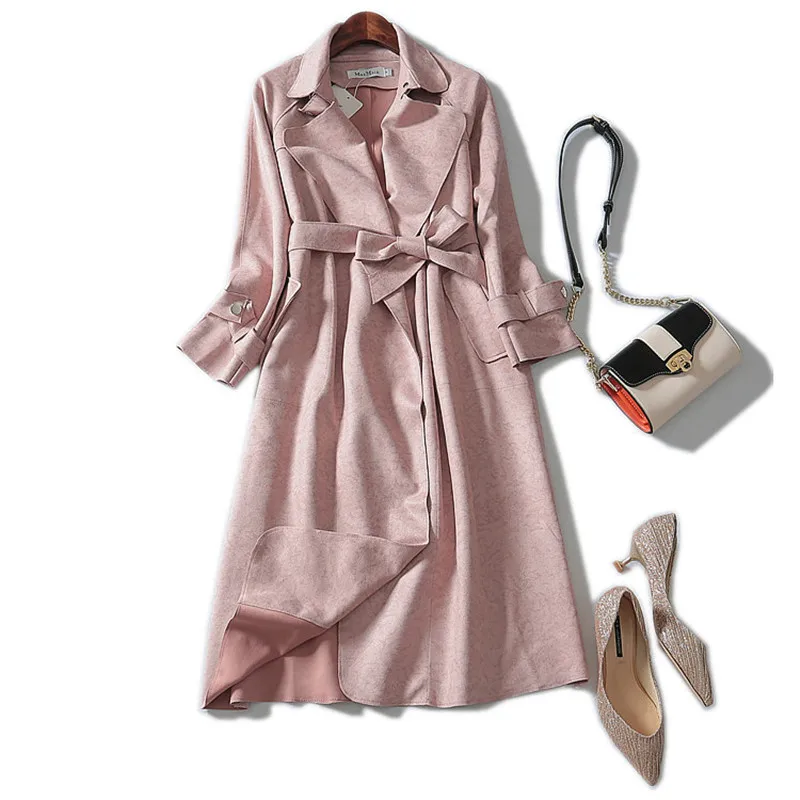 2019 High Quality Autumn New Long Suede Trench Coat Cardigan With Belt Windbreaker Overcoat Female Long-sleeved Outerwear M146 | Женская