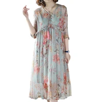 women summer maxi floral dress 2019 new elegant vintage gentle clothes befree fairy long chiffon vestido plus size female hj281