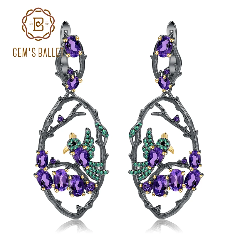 

GEM'S BALLET 6.26Ct Natural Amethyst Earrings Jewelry 925 Sterling Silver Handmade Bird on Branch the Drop Earrings for Women