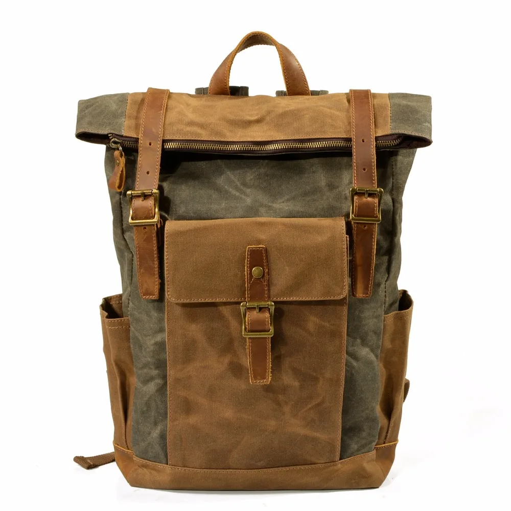 

YUPINXUAN Waterproof Canvas Leather Backpack Men Travel Bag Waxed Daypacks Teenagers Vintage Canvas Rucksacks Retro Bag