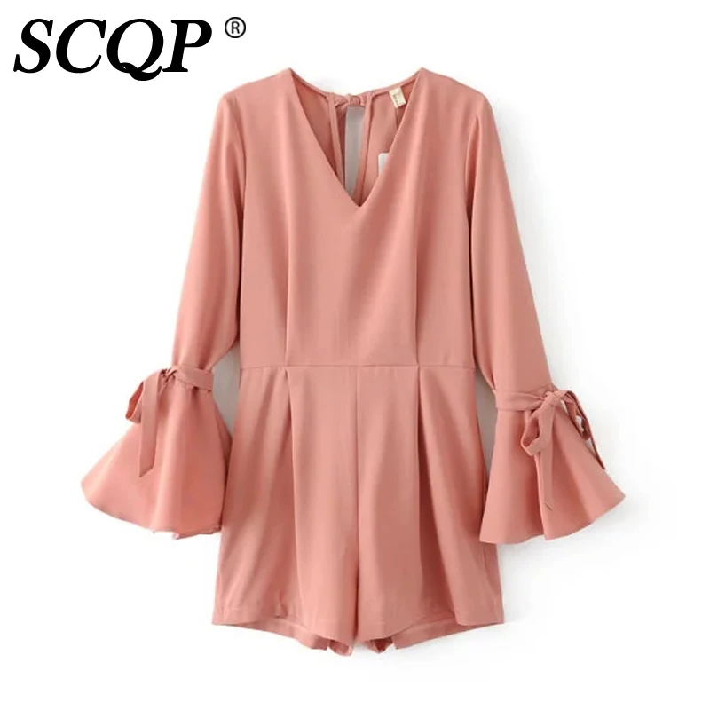 SCQP сплошной Лук Кружево Up дамы боди с длинным рукавом v образным вырезом