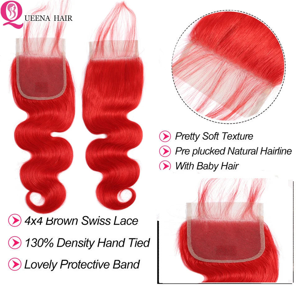 Красный пряди с закрытием кружева Цветной волосы волнистые человеческие