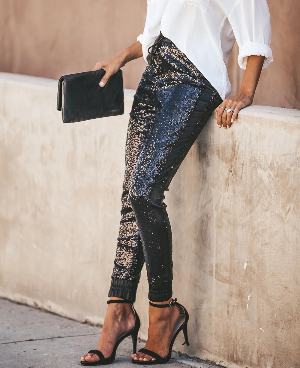 Брюки с блестками женские Капри поясом брюки высокой талией F0655 эластичная ткань