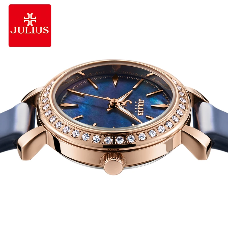 Новые дизайнерские часы Julius корейские стильные с кристаллами для женщин синие
