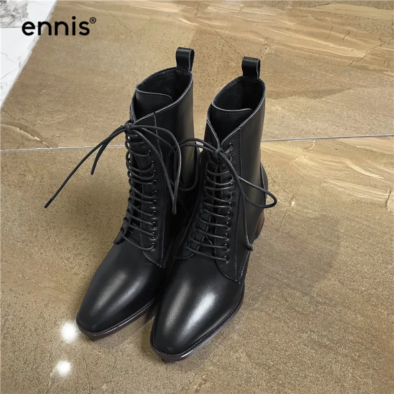 ENNIS/ г. Осенние ботинки до середины икры женские ботинки на шнуровке обувь на высоком каблуке женские ботинки из натуральной кожи модная обувь белого и черного цвета, A930