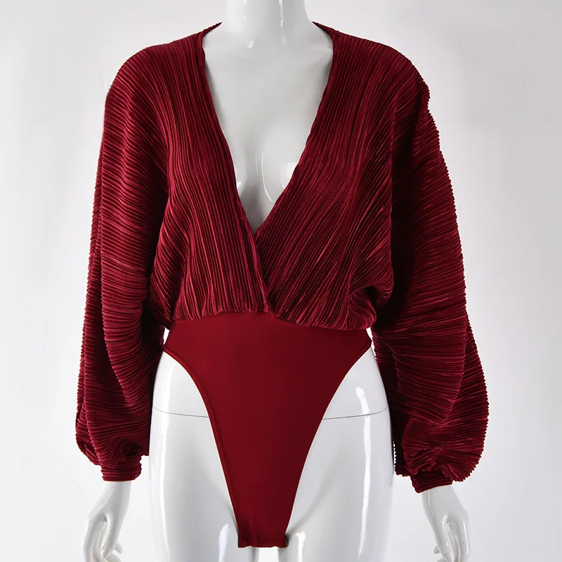 

New Design Women V Neck Full Sleeve Bodysuits Pleat Material Women Rompers