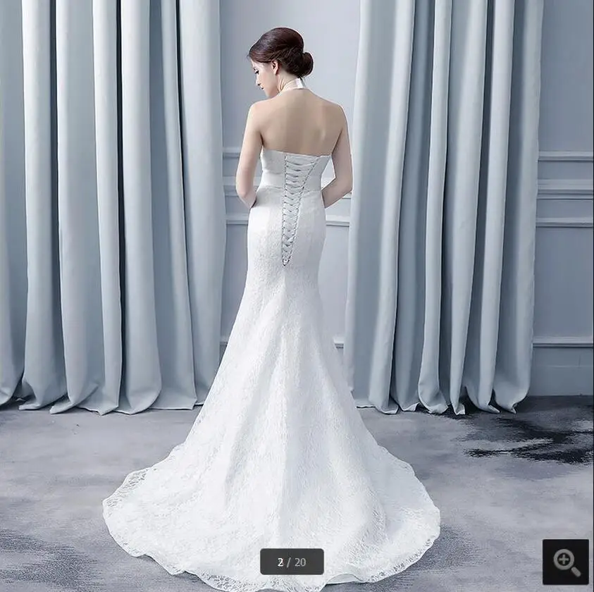 2017 стильное белое кружевное свадебное платье с лямкой на шее Русалка Кружева