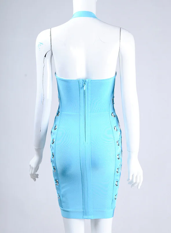 Новые женские Для летних вечеринок Комплект синего цвета повод полый вырез