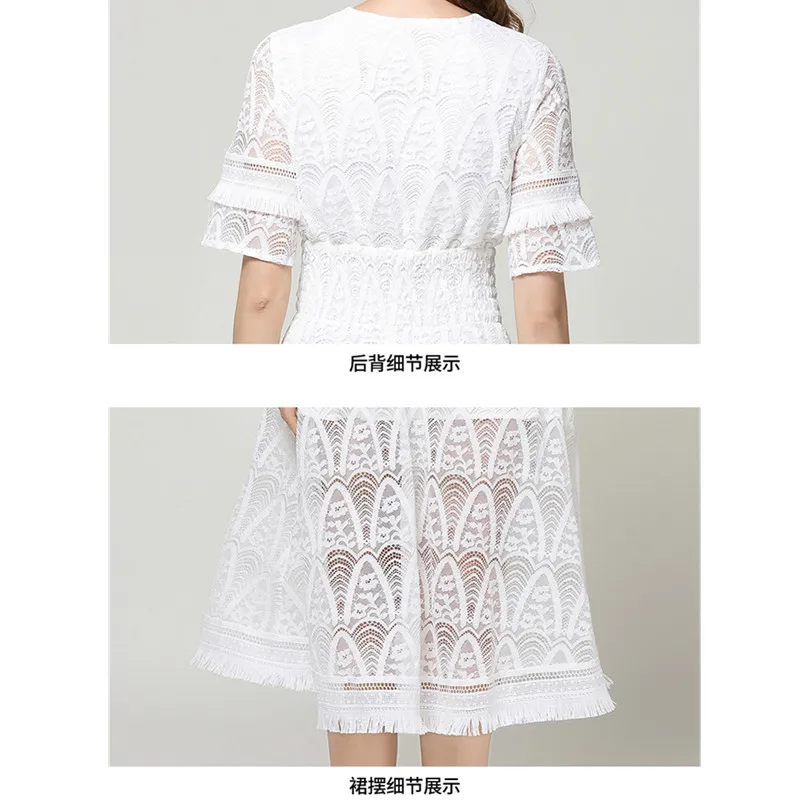 

2019 summer new hollow out lace tassel patchwork dress high waist slimming seaside short sleeve beach holiday V-Neck white dress