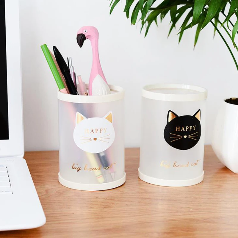 1 Pcs Kawaii Round Animal Cat Dog Number Starry Sky Office Desk PP Pen Holders Pencil Container Storage Organizer Stationery