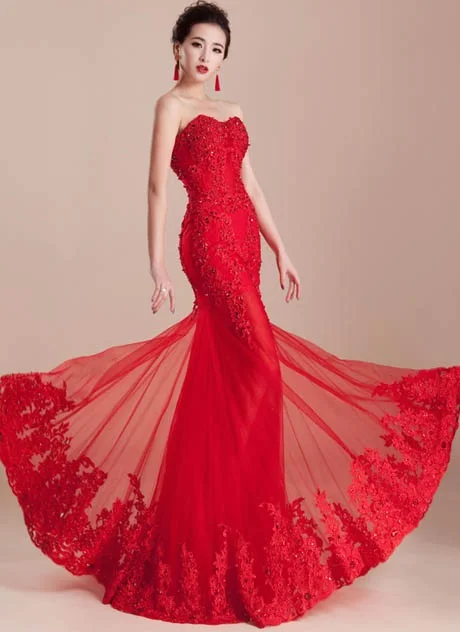 

vestidos de noiva 2020 Custom Red Mermaid Sweetheart Appliques Beads Evening Gowns Long Formal Prom Party Dress robe de soriee