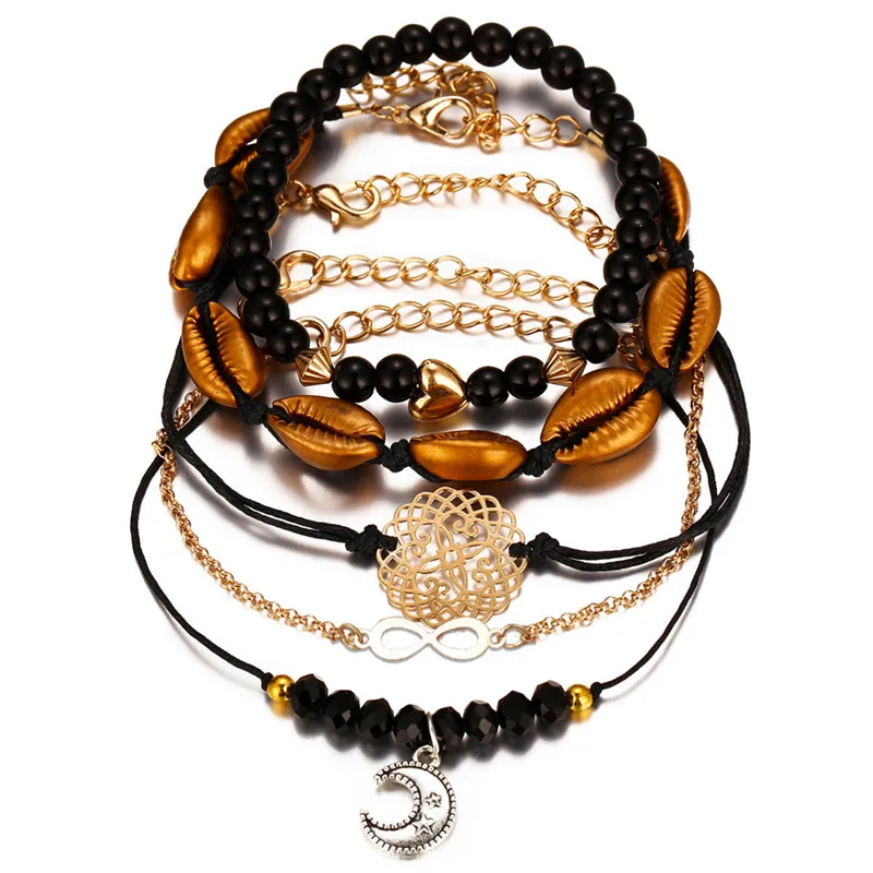 5 шт./компл. новые модные черные бусины Золотой корпус многослойный регулируемый