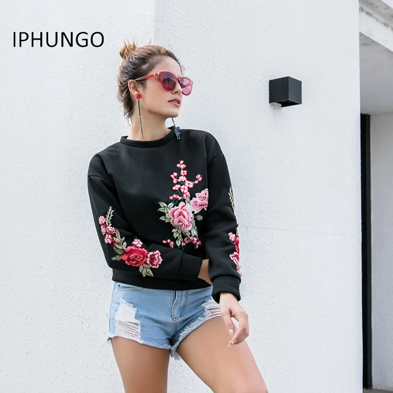 2018 осень Повседневное цветочный Вышивка Толстовки Для женщин пуловер с длинными