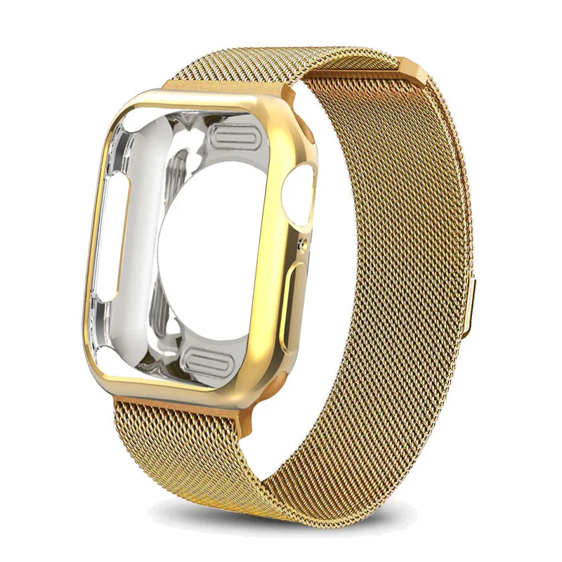Миланский ремешок-петля для Apple Watch 5, 4, 44 мм, 40 мм, iwatch, ремешок 42 мм, 38 мм, браслет из нержавеющей стали+ чехол для Apple Watch 4, 3, 21 - Цвет ремешка: Gold