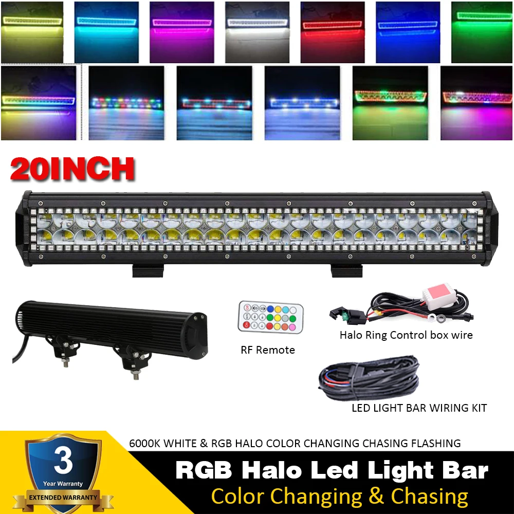 

20 "дюймовый 4D 126 Вт светодиодный рабочий светильник, бар W/RGB HALO, меняющий цвет, набор для чеканки и жгута проводов, пульт дистанционного управ...