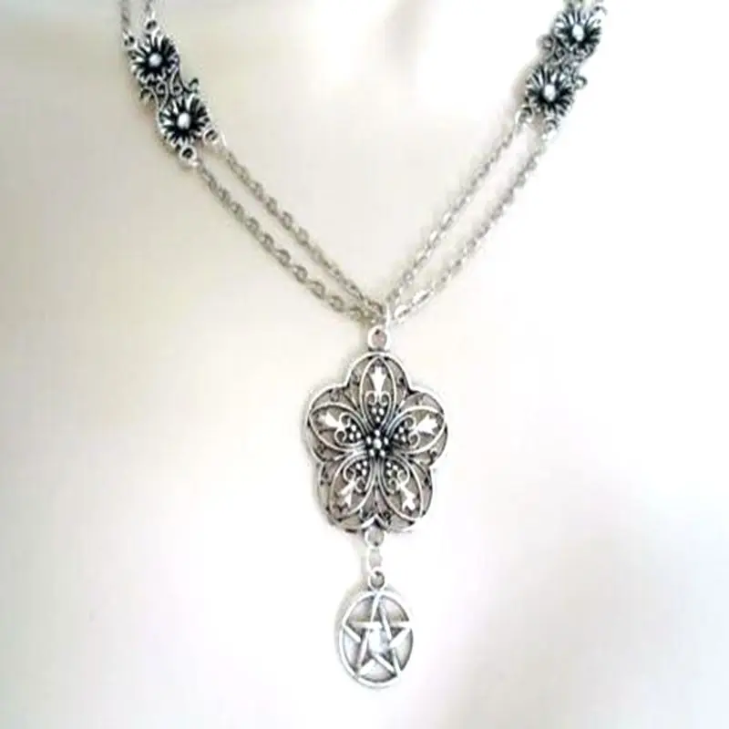 Цветок жизни ожерелье с пентаклем винтажное серебро колдовство Пентаграмма Панк