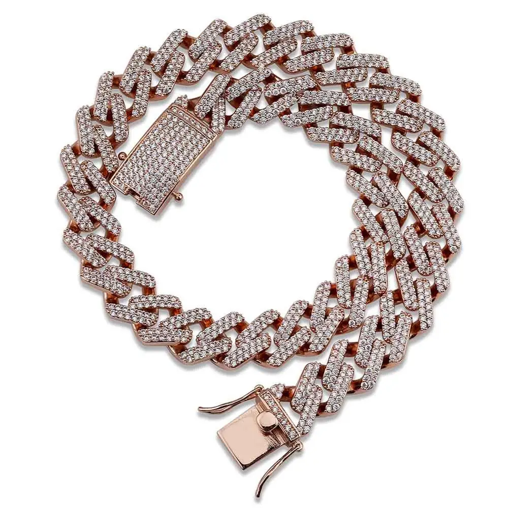 Rose Gold 14 мм набор из кубинских цепочек для мужчин в стиле хип-хоп, золотого и серебряного цвета, со льдом, украшенное камнями, ожерелье рэпера, ювелирные изделия - Окраска металла: Rose Gold