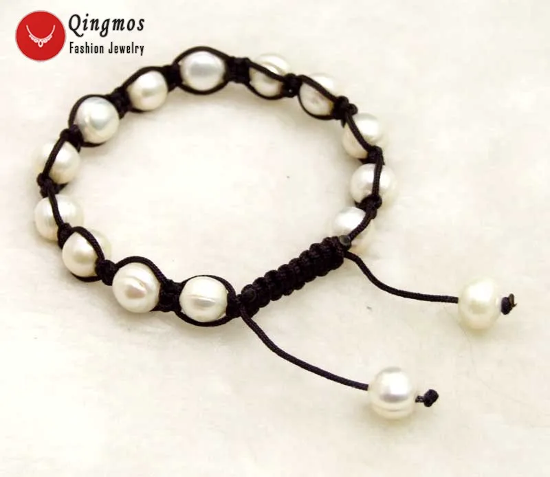 

Qingmos Natural Pearl Bracelets for Women with 9-10mm White Round Pearl China Silk Handwork Weave Adjustable Bracelets Jewelry
