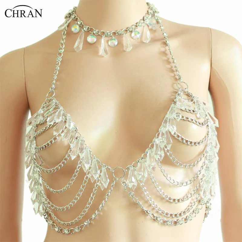 

Chran Crystal Halter Bra Body Chain Carnival Bikini Sequin Crop Top Beach Jewelry Gypsy