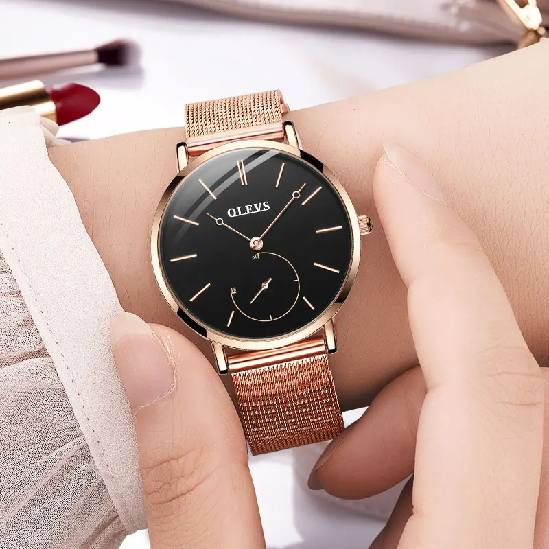 

Женские модные наручные кварцевые часы Reloj, черные повседневные дамские наручные часы из нержавеющей стали цвета розового золота с сеткой, ...