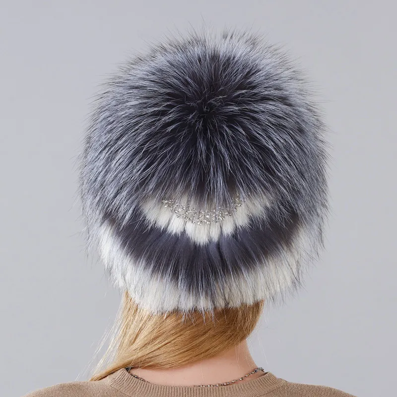 DENPAL Fashion Hat Warm Winter Cap For Women Real Natural Mink Fur And Silver Fox New Design With Chain In The Back | Аксессуары для