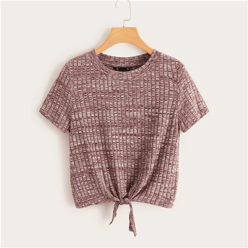 Коричневый SweatyRocks неоновая цветная футболка с узлом спереди, стильная модная эластичная футболка, летняя повседневная женская желтая футболка и топы - Цвет: Коричневый
