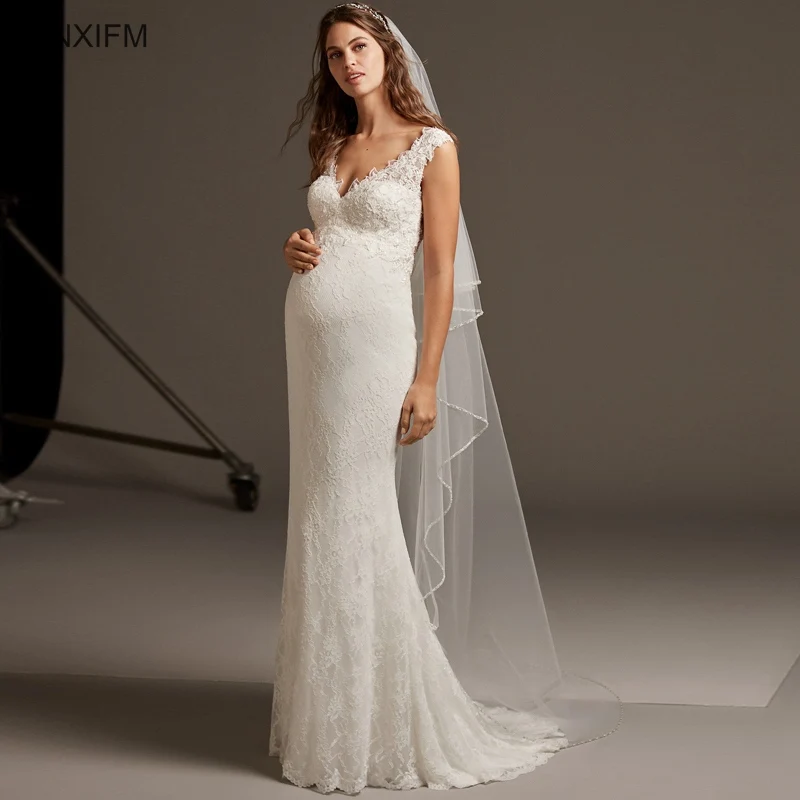 2019 VNXIFM Mermaid women pregnant Wedding Dresses Sweetheart Sleeveless Sexy Zipper Robe Court Train Plus Size Bridal Gowns | Свадьбы и