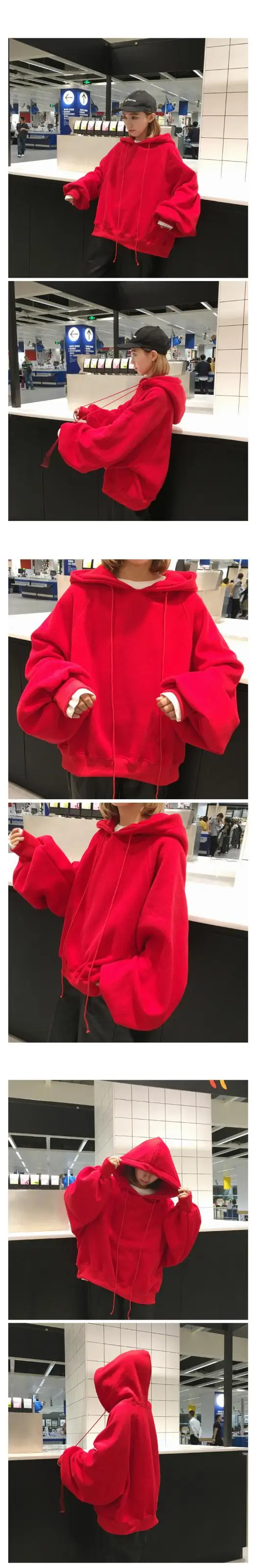 Ulzzang Harajuku/Зимняя мода размера плюс, Женская толстовка с капюшоном на шнурке, одноцветная толстовка с капюшоном, повседневные толстовки