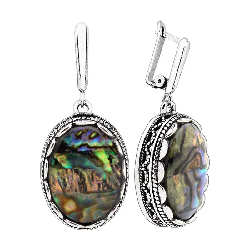 Oval Shell Earrings Vintage Flower Pendant Antique Silver Plated Double Layer Part For Women | Украшения и аксессуары